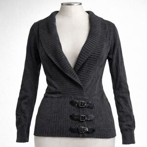 Y2K “Glimmer” office siren shawl collar buckle sweater — dark grunge essential 🖤